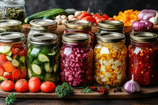 A set of glass jars with homemade pickled vegetables laid out on a wooden table.  