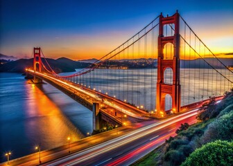 Obraz premium Stunning Portrait Photography of the Golden Gate Bridge with Vibrant Traffic Flowing in San Francisco, Showcasing the Iconic Landmark and Urban Energy of the City