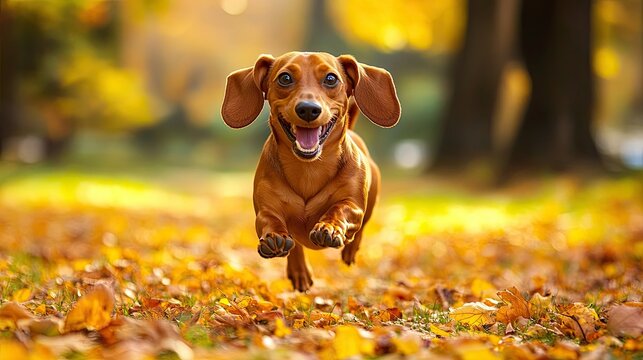 A cheerful dachshund running toward the camera in a vibrant autumn park.