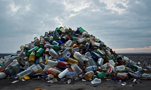 Barren Landscape With Plastic Pile Waste, Cans, and Other Litter