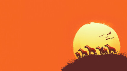 Sunset Savanna Silhouette: A striking minimalist illustration of a pack of hyenas silhouetted against a vibrant orange sunset, capturing the essence of the African wilderness. 