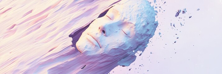 Fototapeta premium 異次元の風景に埋もれた顔の彫刻、抽象的な芸術表現の中で静寂を感じる