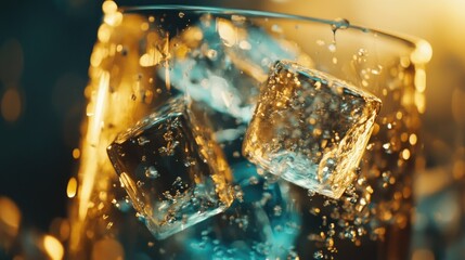 A cinematic moment focusing on ice cubes in a glass, each refracting light through the sparkling water for a cooling effect.