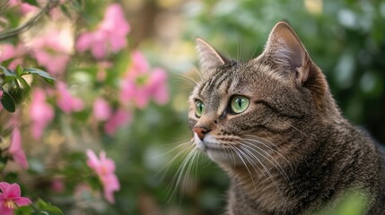 A close-up of a tabby cat face, focusing on its vivid green eyes and detailed fur.