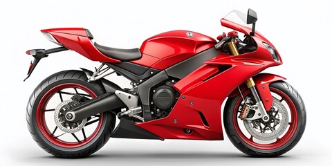 Obraz premium Stunning Red Motorcycle Isolated on a White Background Perfect for Automotive Promotions and Advertising Needs, with Ample Copy Space for Customization and Branding Opportunities