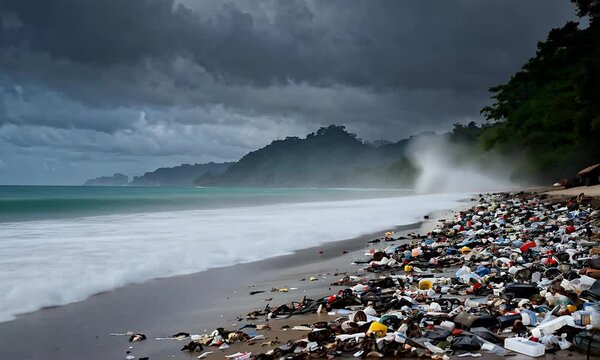 Dark Skies Over Trash-Strewn Shoreline