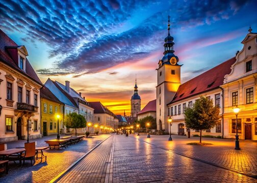 Stunning Silhouette of Trnava's Historic City Center at Dusk - Wide Angle View of Old Town Streets and Architecture in Slovakia's Charming Urban Setting