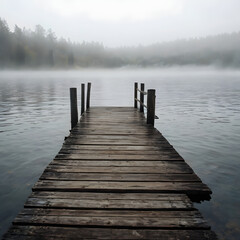 Obraz premium Time-Worn Wooden Pier Over a Foggy Lake
