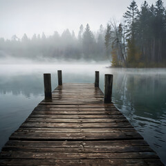Fototapeta premium Time-Worn Wooden Pier Over a Foggy Lake
