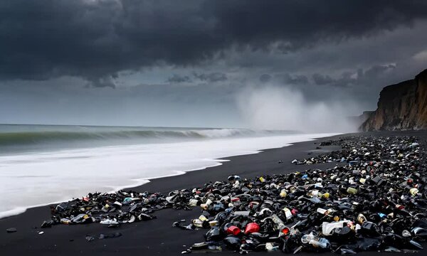 Plastic And Waste Scattered On Beach Shore