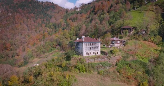Detailed aerial high quality view of the surroundings of stone houses.