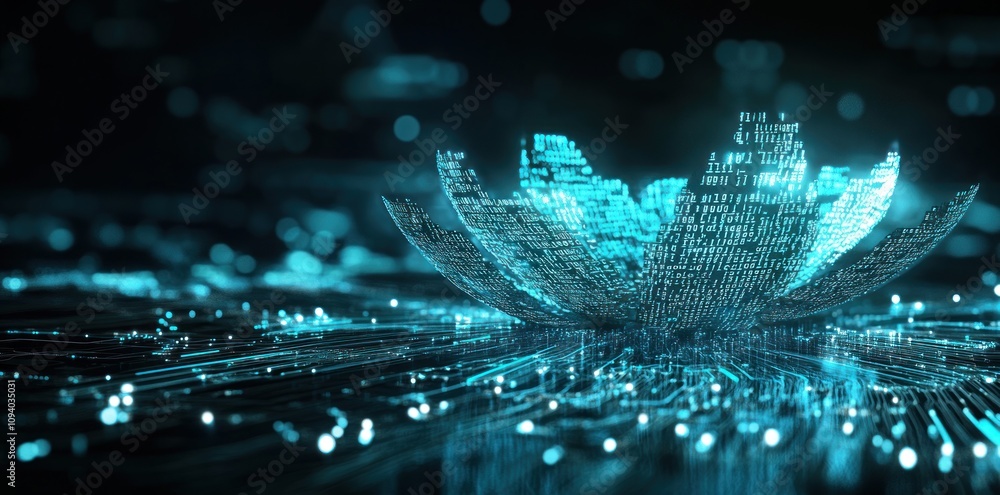 Poster a digital lotus flower composed of glowing binary code, symbolizing technology and innovation.