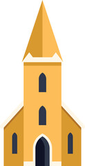 Small yellow church building facade with steeple tower standing and casting a shadow, isolated vector illustration in flat style