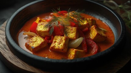 A vibrant dish featuring paneer in a rich, spiced sauce with vegetables.