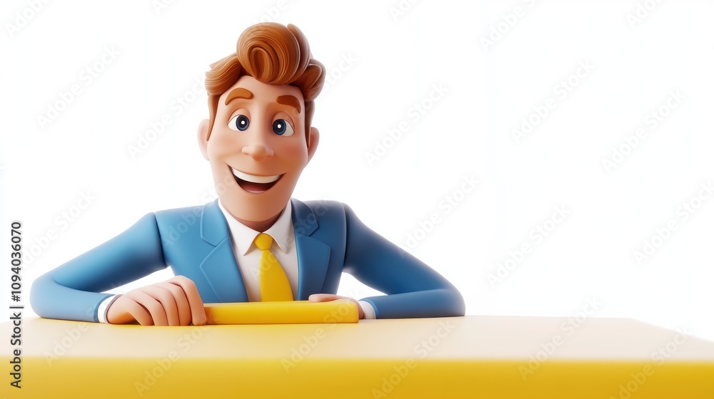 Poster a cheerful animated character in a suit, sitting at a table with a bright background.