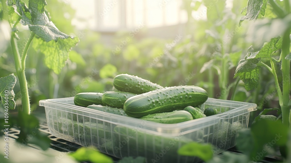 Poster fresh cucumbers collected in a transparent container within a greenhouse setting.