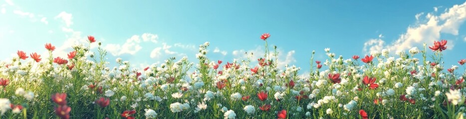 Obraz premium A vibrant field of colorful flowers under a blue sky with scattered clouds.