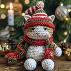Fototapeta premium A charming crocheted cat toy in a Christmas style. 