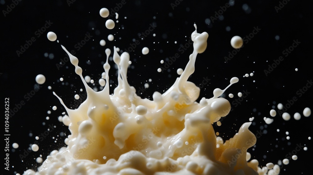 Poster dynamic milk splash action studio high-resolution photography dark background close-up fluid motion 