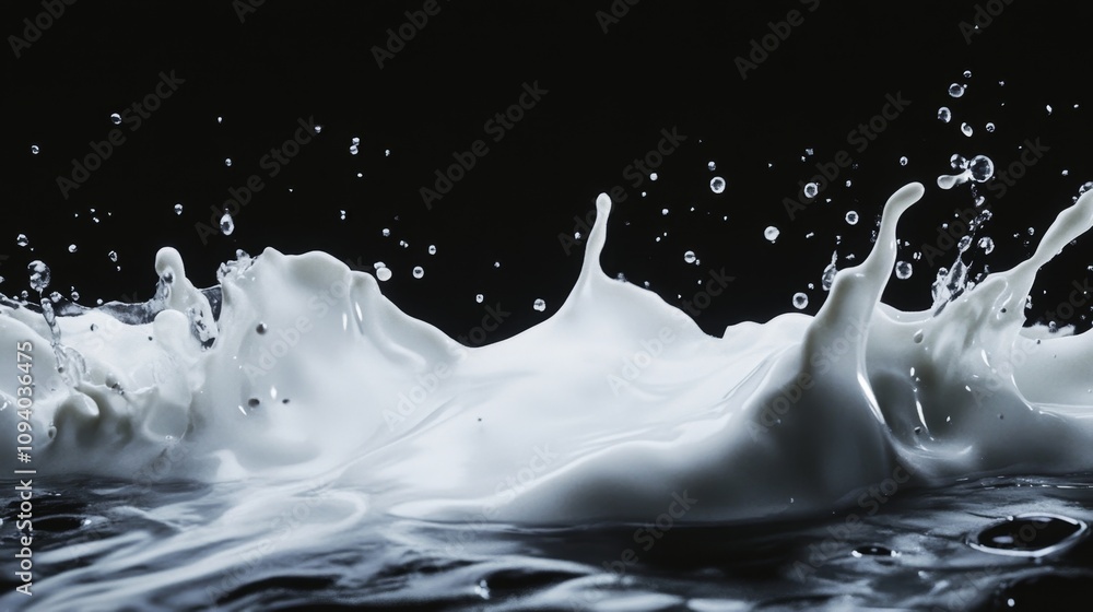 Poster dynamic milk splash action studio setting high-resolution image dark background close-up view fluid 