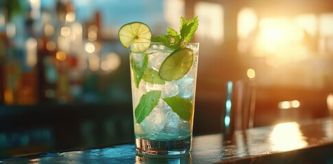 A refreshing cocktail with mint and lime, served on a bar counter.