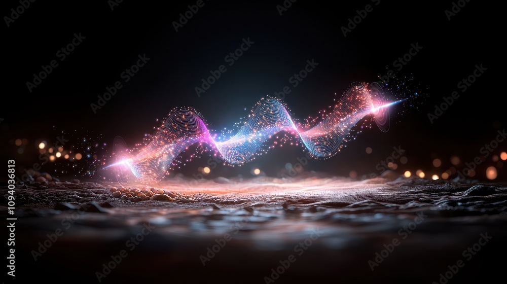 Poster enchanting waveform of light and color surrounded by ethereal particles in a mystical dark environme
