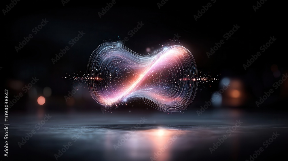 Poster abstract representation of infinity with glowing particles, vibrant colors and smooth flowing lines,