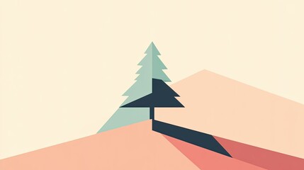 A sleek flat design holiday card with a geometric tree in soft pastel tones, conveying modern holiday warmth and simplicity.