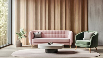 Modern Living Room Interior Design with Pink Sofa, Green Armchair, and Wooden Wall