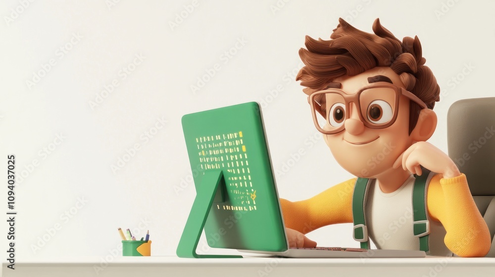 Poster a cartoon character engaged with a computer, showcasing a cheerful and focused expression.