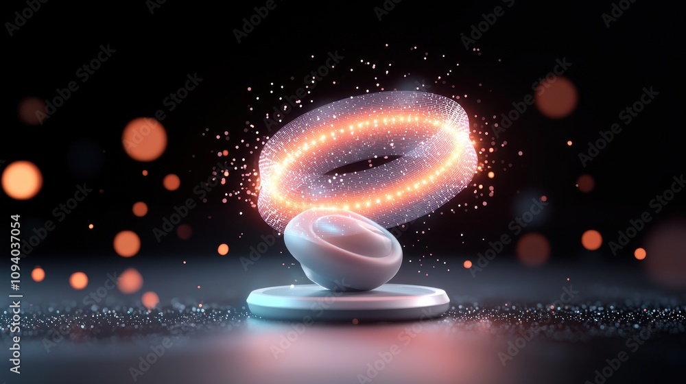 Poster abstract 3d illustration of futuristic light ring with sparkling effects surrounded by glowing parti