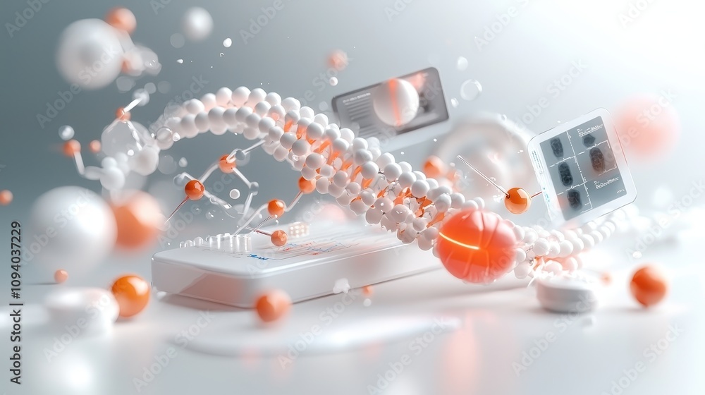 Poster abstract representation of molecular structures and genetic elements, showcasing modern science conc