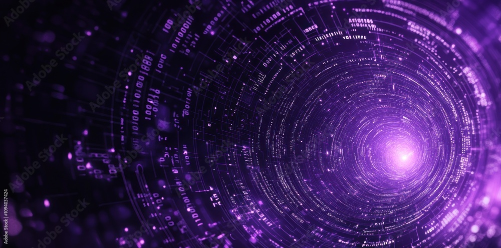 Poster abstract representation of a digital vortex with purple hues and data patterns.