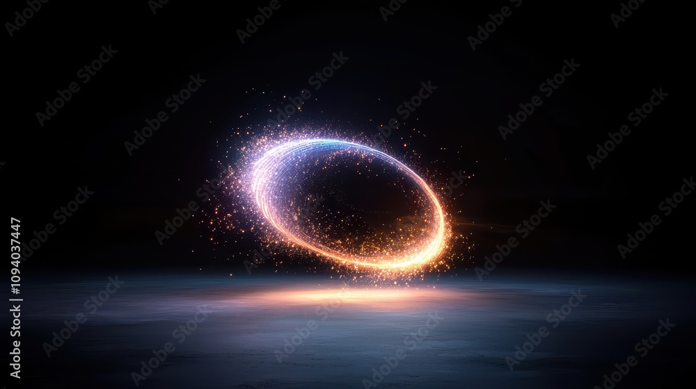 Poster Glowing Ring of Light with Sparkles and Swirling Effects in a Dark Background Creating a Captivating Visual Experience of Energy and Motion