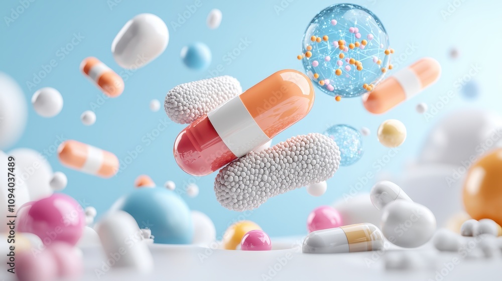 Poster colorful capsules and bubbles with decorative elements in a dynamic 3d rendering, ideal for health, 