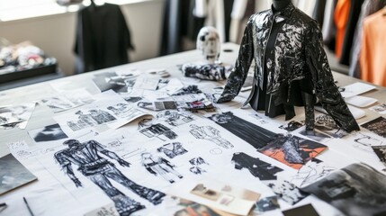 Fashion design process studio workspace creative content artistic environment close-up view textile innovation
