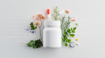 White pill bottle surrounded by colorful capsules, tablets, and fresh herbs depicting natural health, wellness, and dietary supplements on a light background