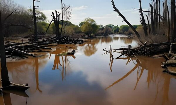 Polluted River With Dead Tress