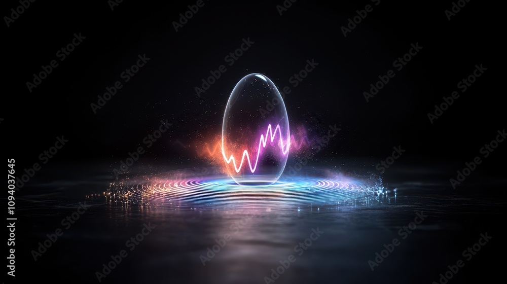 Poster vibrant energy wave surrounding a transparent egg shaped object in a dark setting, radiating colorfu