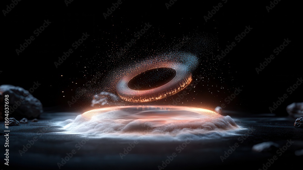 Poster futuristic abstract design of floating rings above a luminous surface with surreal light effects and