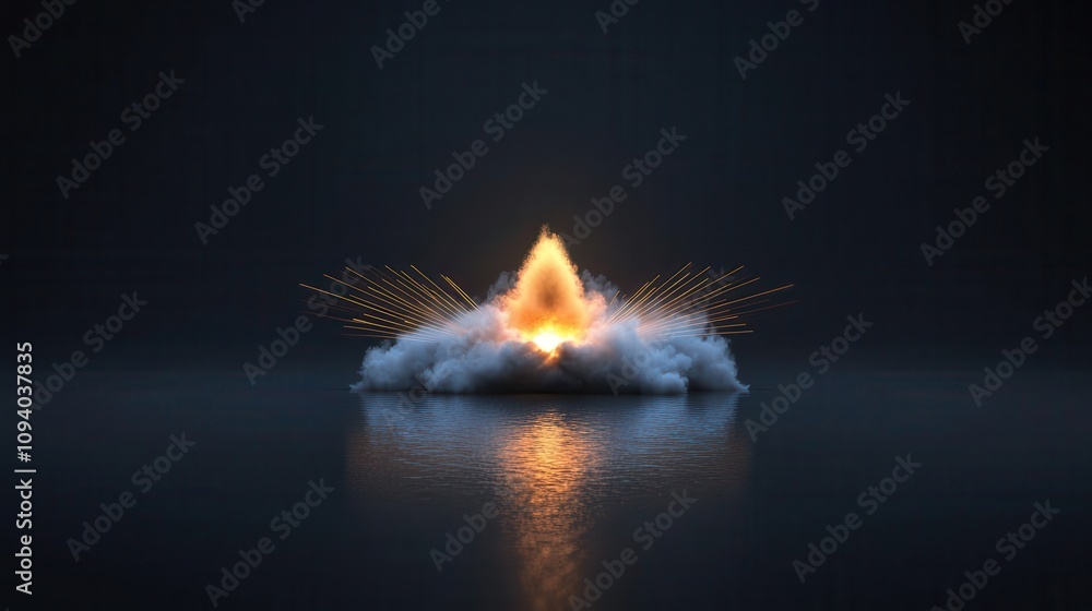 Poster dramatic explosion erupting from water surface creating fiery blast surrounded by smoke and light ra