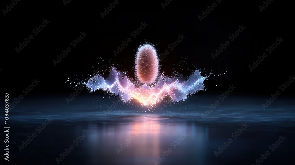 Poster stunning abstract representation of energy waves with vibrant colors and floating sphere in dark bac