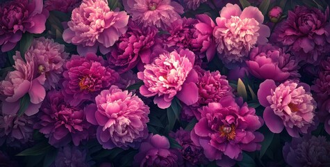 A vibrant arrangement of peonies in various shades of purple and pink, showcasing natural beauty.
