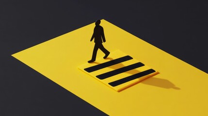 High-resolution 3D render of a pedestrian crossing sign in yellow with black icon, isolated, transparent background