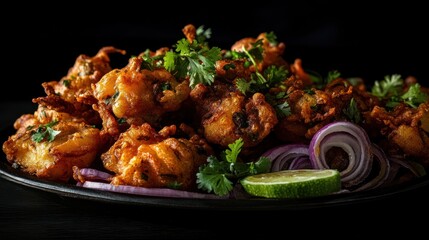 A plate of crispy fritters garnished with cilantro, onions, and lime slices.
