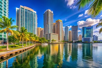 Fototapeta premium Stunning View of Waterfront Highrises on Brickell Avenue in Miami, Florida with Clear Sky and Vibrant Water Reflections Perfect for Real Estate and Travel Promotions