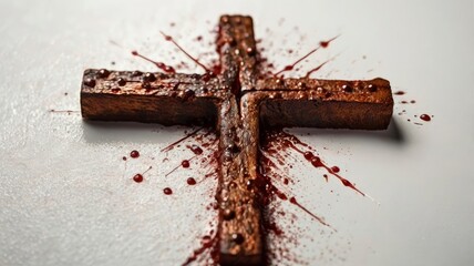 Christian cross made with rusty nails, drops of blood on white background. Copy space. Good Friday, Easter day. Christian backdrop. Biblical faith, gospel, salvation concept. Jesus Christ , ai