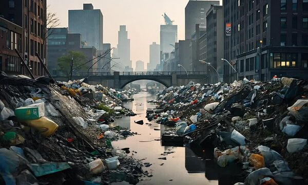 Polluted Water With City In Background