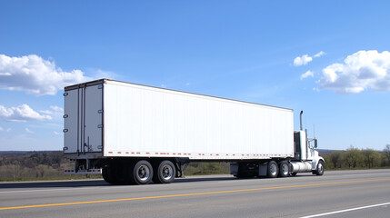 Semi-Truck on the Open Road: A white semi-truck cruises down a highway with a clear blue sky and fluffy clouds overhead. The image evokes a sense of freedom, adventure.