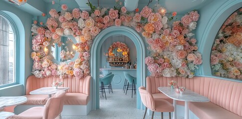 Pastel pink and blue interior with floral decor, booths, and tables.